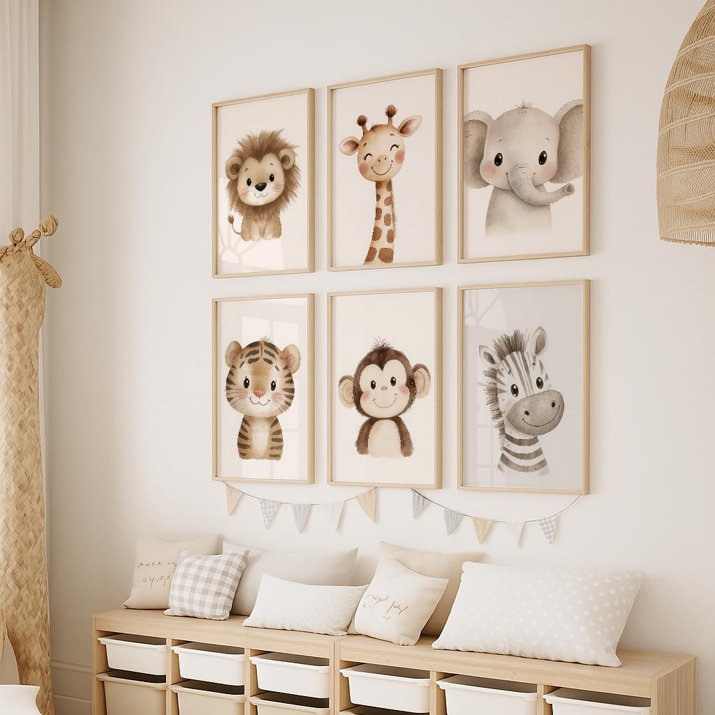 Cute Jungle Lion Giraffe Elephant Monkey Tiger Zebra Animal Wall Art Print Canvas Safari Nursery Posters for Kids Room Decor