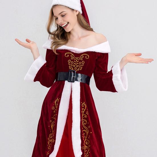 Женское рождественское платье Санта-Клауса с открытыми плечами, цветное ретро-платье в стиле Yoyal с поясом и шляпой, праздничный костюм для выступлений и вечеринок