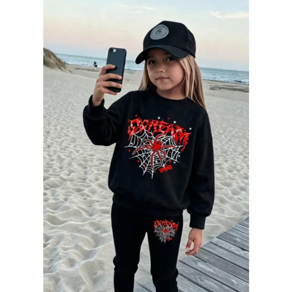 Girls' Heart Spider Casual Comfortable Soft Loose Pullover Sweatshirt and Leggings 2-Piece Set, New Autumn/Winter, Playful, Sweet and Cool Style