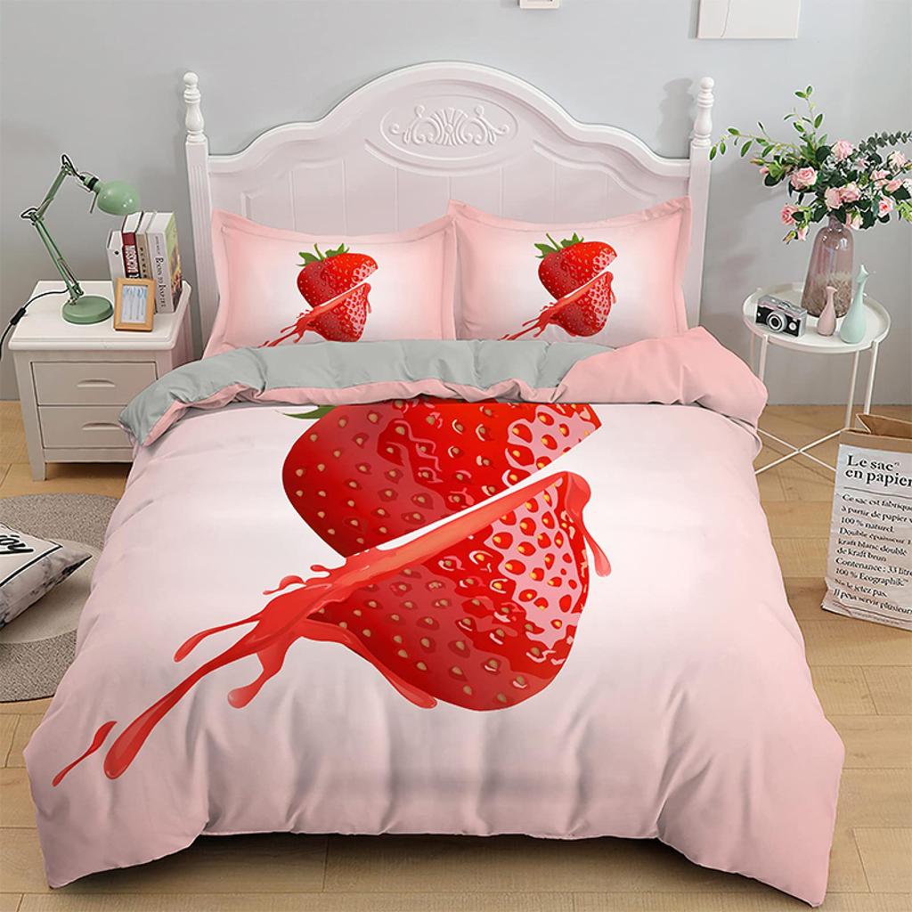 Постельное белье с клубникой для девочек, пододеяльник с сладкой клубникой для детей, розовый, милый мультфильм, фруктовая еда, девичий белый цветочный декор для комнаты