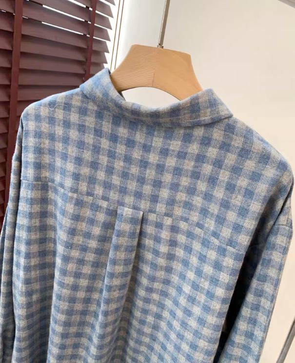 Blue Plaid Heart Embroidered Thick Cotton Long Sleeve Shirt - New Winter Arrival