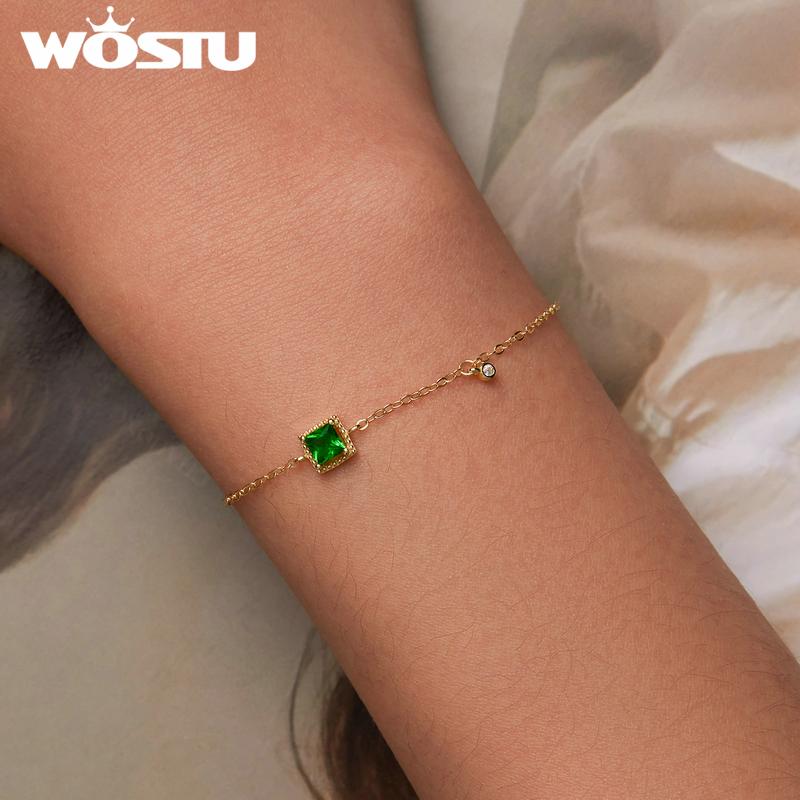 WOSTU Натуральный браслет из стерлингового серебра 925 пробы с блестящим квадратным зеленым цирконом для девочек, модная женская базовая цепочка, ювелирные украшения, подарок на вечеринку