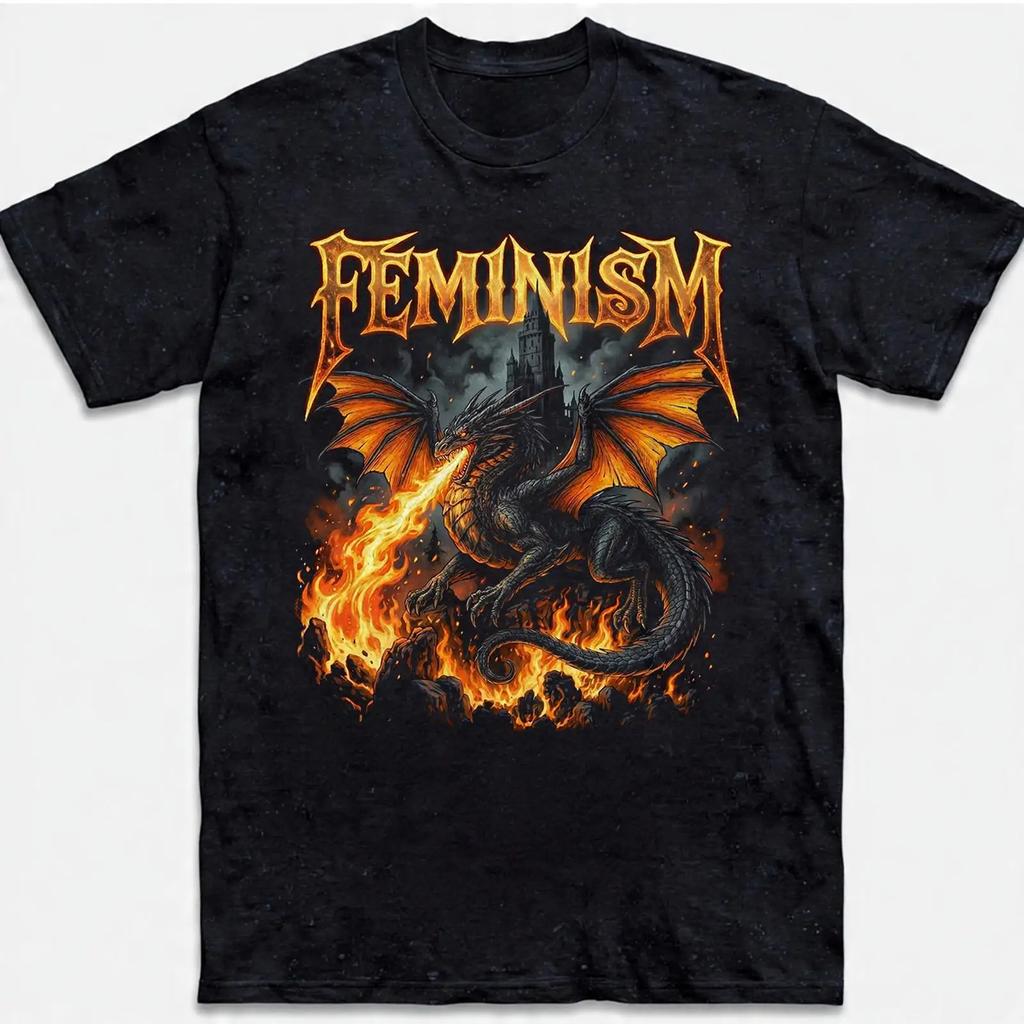 Dragon Feminism Fire Fantasy Retro T Shirt Vintage Washed Soft Top For Everyday Wear Casual Fashion Streetwear Unisex