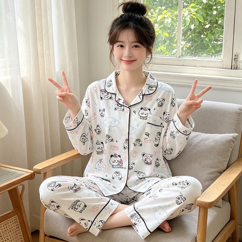 Japanese cartoon cute ins style imitation cotton pajamas women's fashion temperament loungewear long sleeves trousers two-piece set