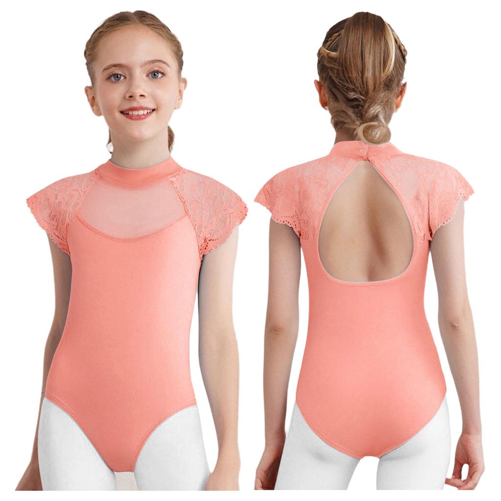 Girls Ballet Exam Leotard Lace Cap Sleeves Sheer Mesh Patchwork Cutout Dance Practice Wear