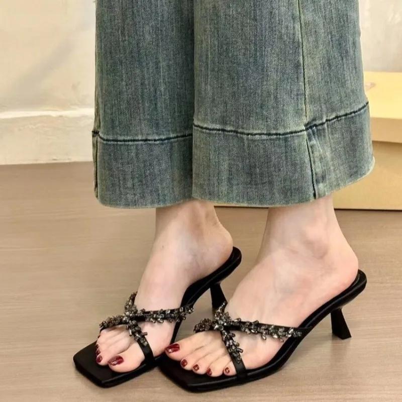 Fashion Fashion Narrow Band High Heel Slippers Woman Summer New Open Toe Thin High Heels Sandals Sexy Stripper Party Slide Shoes