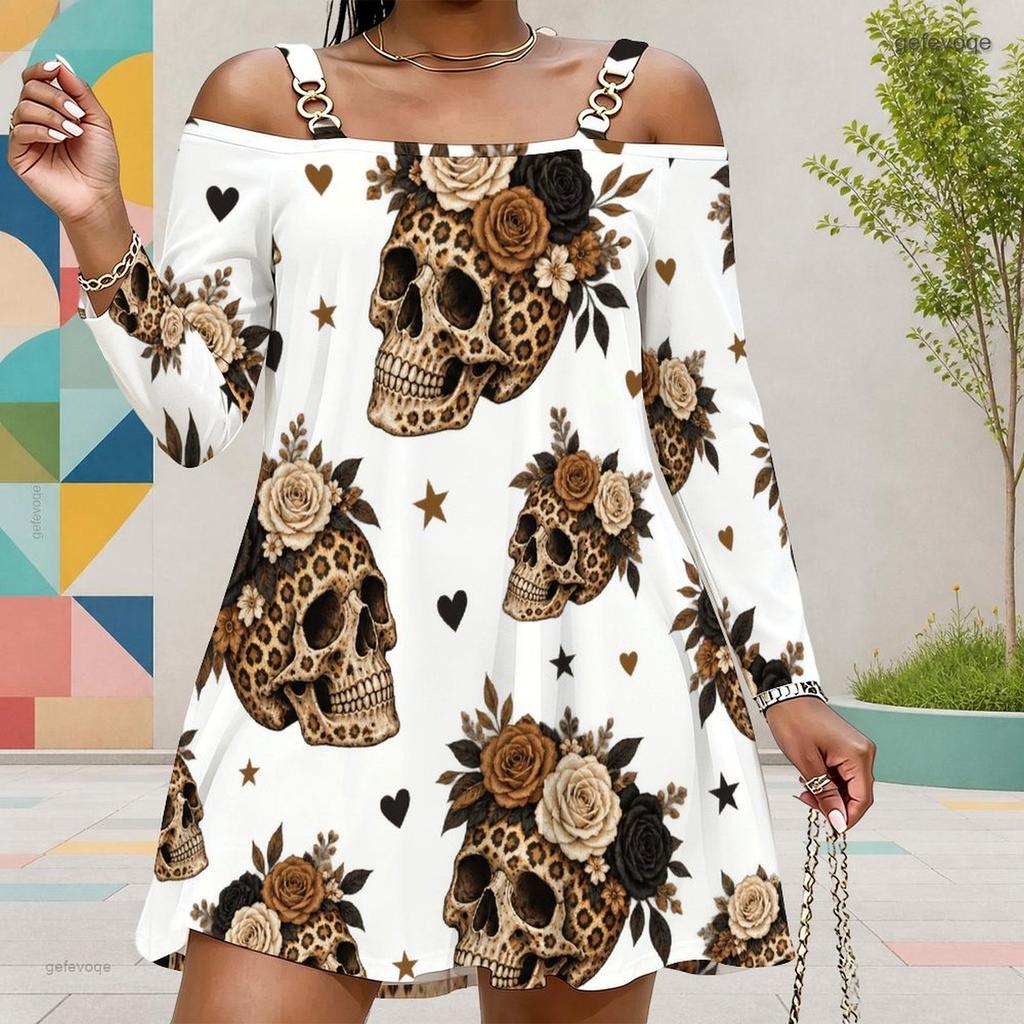 Women Plus Size Cold Shoulder Long Sleeve White Mushroom Ghost Printed Dress