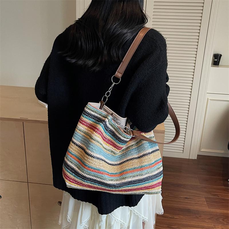 Женская сумка через плечо, полосатая сумка-тоут контрастного цвета, плетеная сумка-тоут, большая вместимость, плетеная сумка из соломы