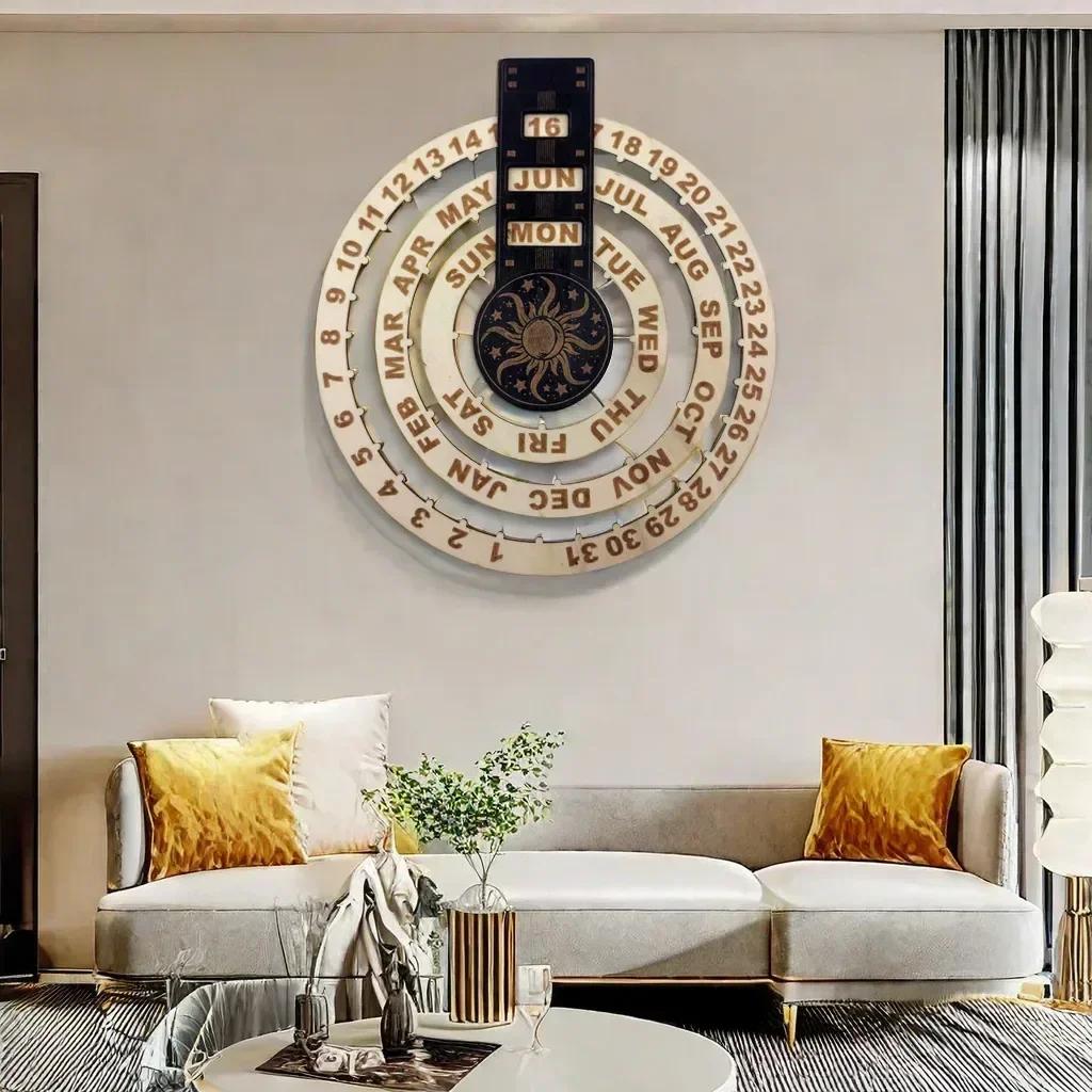 Wall Wooden Perpetual Calendar Creative Wood Wall Decoration For Living Room Wood Rustic Circular Wall Mounted Spin Perpetual