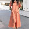Женское платье с лацканами, коротким рукавом, однобортное, повседневное платье с карманами, однотонное, свободного кроя, платье-рубашка
