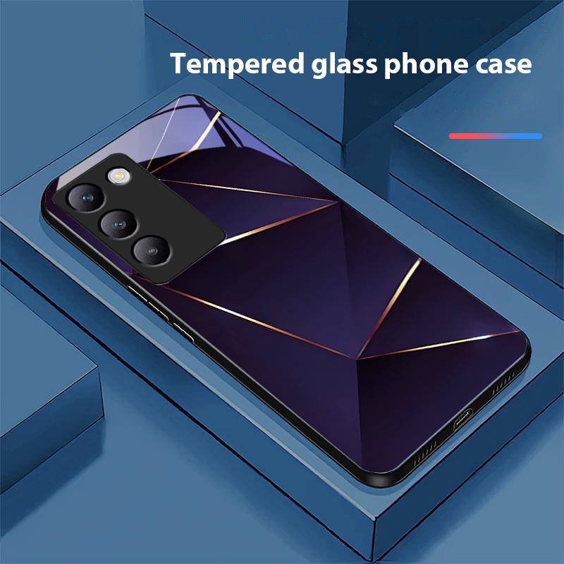 Геометрический принт Для Y72 33S 11 03 36 96 Lite 35 16 Iqoo 12 V40 SE 5G 29 40 21 30 X80 Pro Vivo Чехол для телефона из закаленного стекла Черный