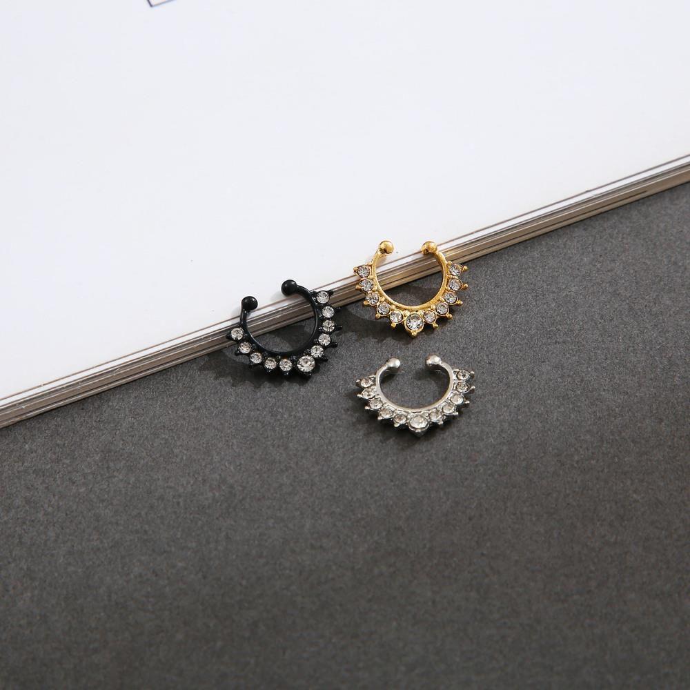 Trendy Cool Rhinestone U Shape Metal Geometric Nose Stud Fake Nose Ring Bear Nose Cuff Body Jewelry