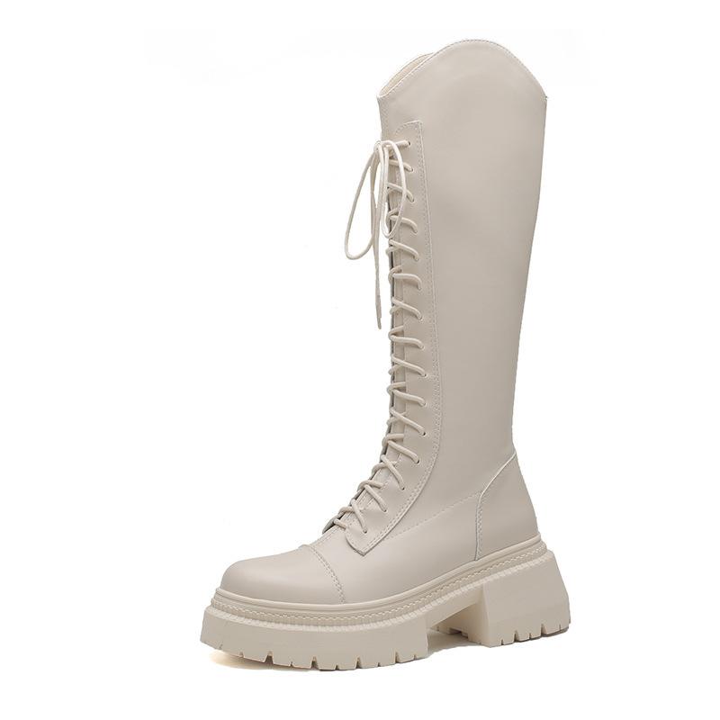 Белые сапоги женские зимние новые сапоги-рыцари на платформе толстый каблук шнуровка женские сапоги универсальная женская обувь