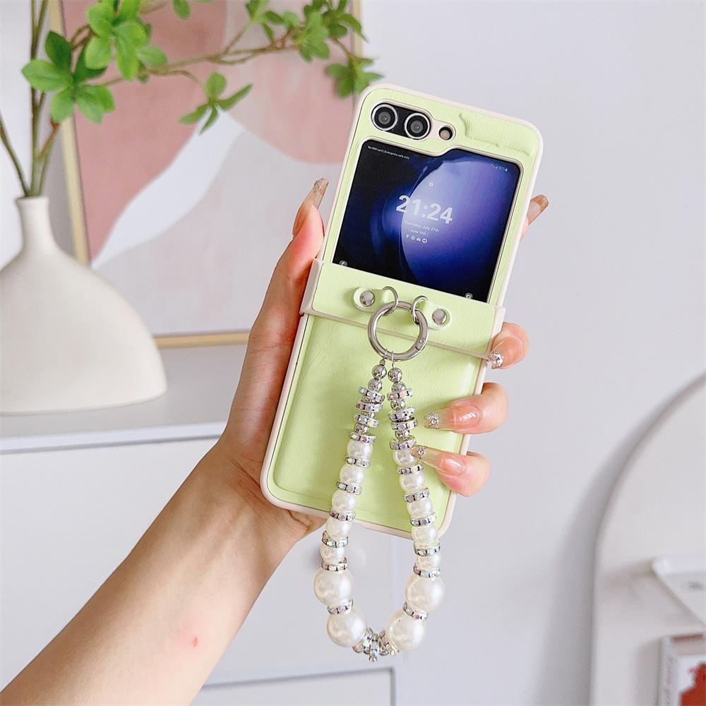 Leather Cover with Glitter Pearl Wrist Chain Strap Bracelet For Samsung Galaxy Z Flip 6 5 4 3 Hard Hinge Protective Phone Case