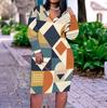 Women Plus Size Blue Pink Geometric Printed V Neck Long Sleeve Fitted Dress