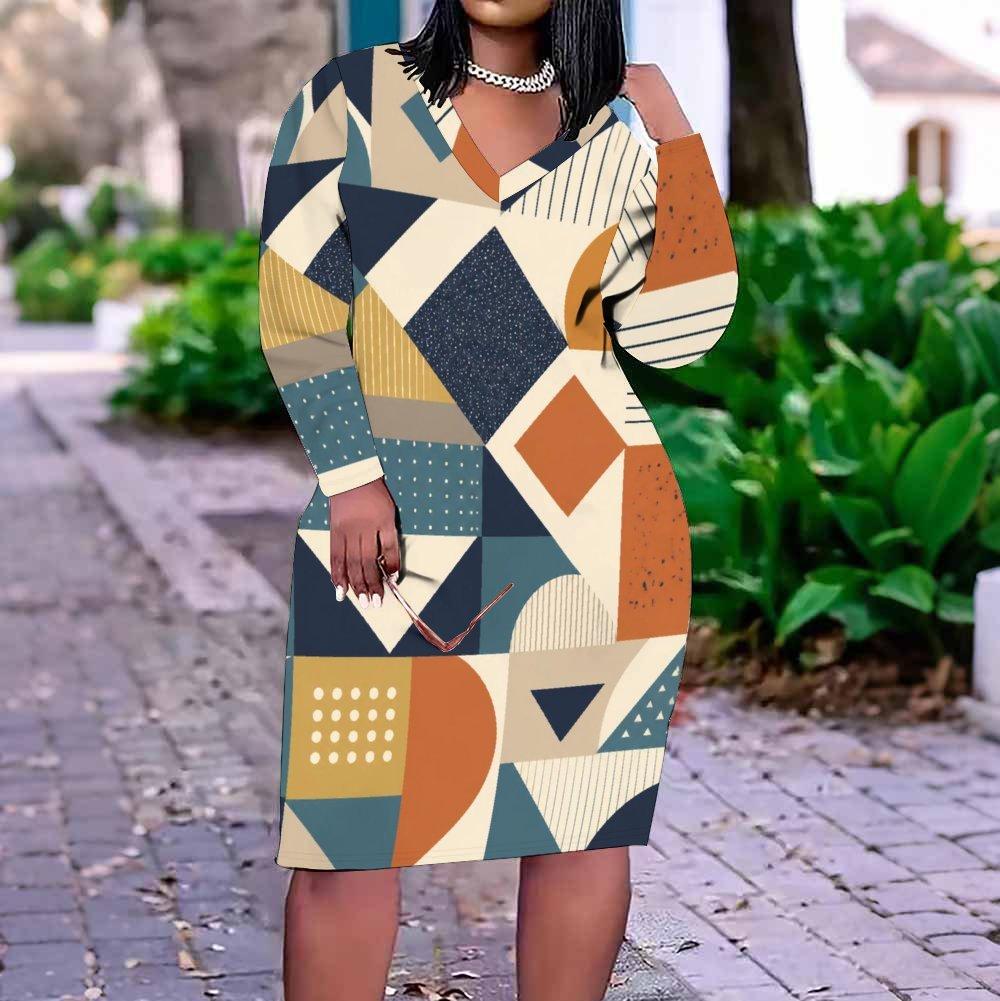Women Plus Size Blue Pink Geometric Printed V Neck Long Sleeve Fitted Dress