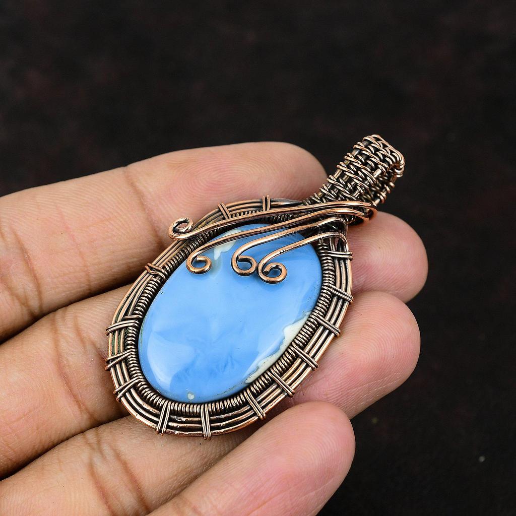 Кулон с голубым опалом Оуайхи, обернутый медной проволокой, кулон ручной работы, украшения из медной проволоки, подарок для женщин, ювелирные изделия из драгоценных камней высшего качества