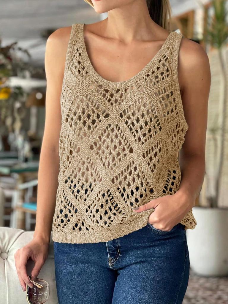 Women's Lightweight Crochet Tank Top Sleeveless Scoop Neck Hollow Out Beach Cover Up