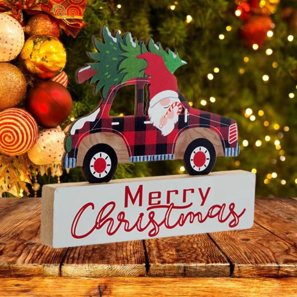 2Pcs DIY Christmas Desktop Ornaments Cartoon Table Centerpiece Santa Wood Plaque Signs New Years