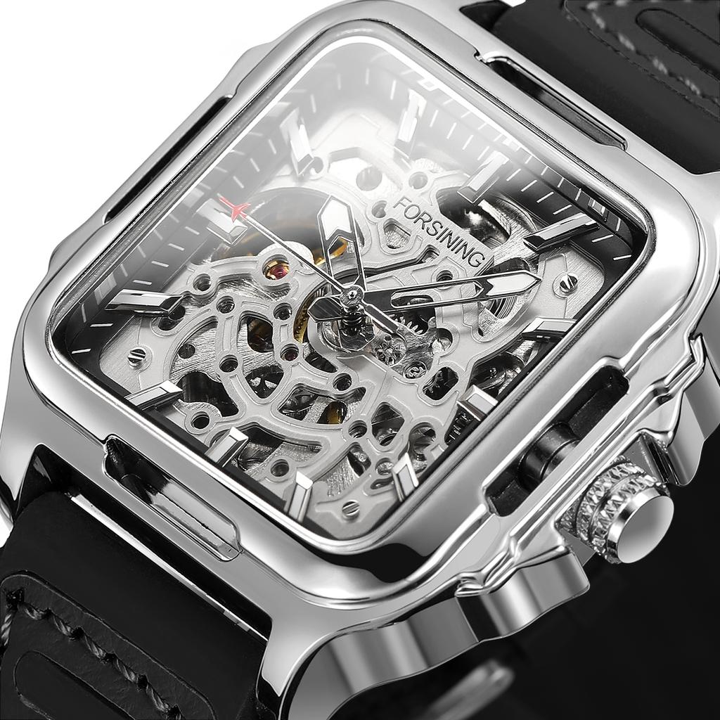 New Luxury Square Steel Skeleton Mechanical Mens Watches Automatic Movement Sports Waterproof Silicone Military Male Wristwatch