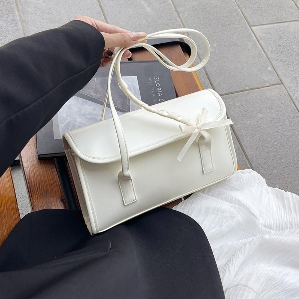 Solid Color Bow Ribbons Shoulder Bag Leisure Women's Handbag Large Capacity Underarm Bag Daily