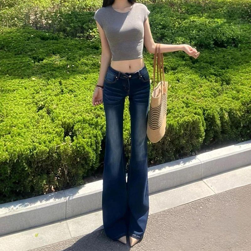 Crease design low waist large size jeans women's new fashion tight and thin extended floor flared pants
