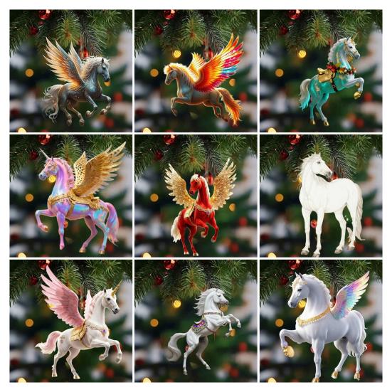 Horse Ornament Acrylic 2D Flat Realistic Flying Horse Christmas Tree Pendant with Sparkling Rhinestone Home Decor