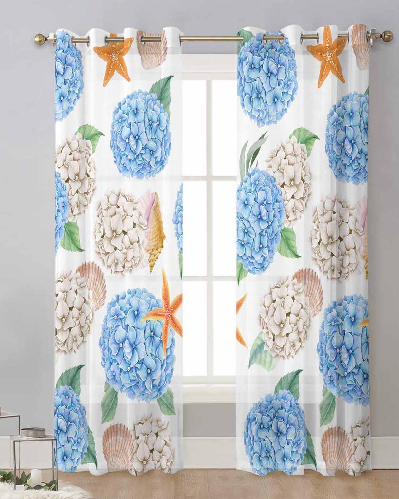 Акварельная гортензия, морская звезда, ракушки, полупрозрачные шторы для декора гостиной, оконные шторы, кухонные тюлевые вуалевые шторы