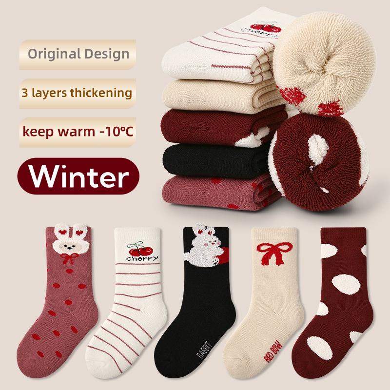 Зимние носки для девочек, теплые носки, новейшие детские термоноски, детские утепленные хлопковые носки, носки с изображением кролика из мультфильма, 5 пар/лот