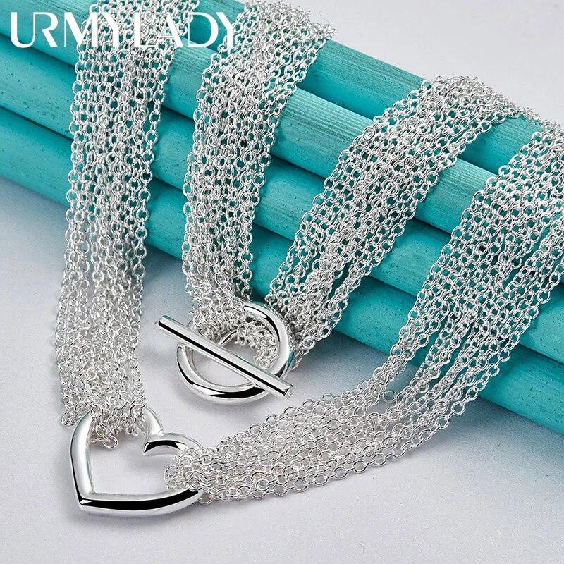 URMYLADY стерлингового серебра 925 пробы, мульти-тонкая цепочка с подвеской в форме сердца, ожерелье для женщин, свадебная вечеринка, модные очаровательные ювелирные изделия