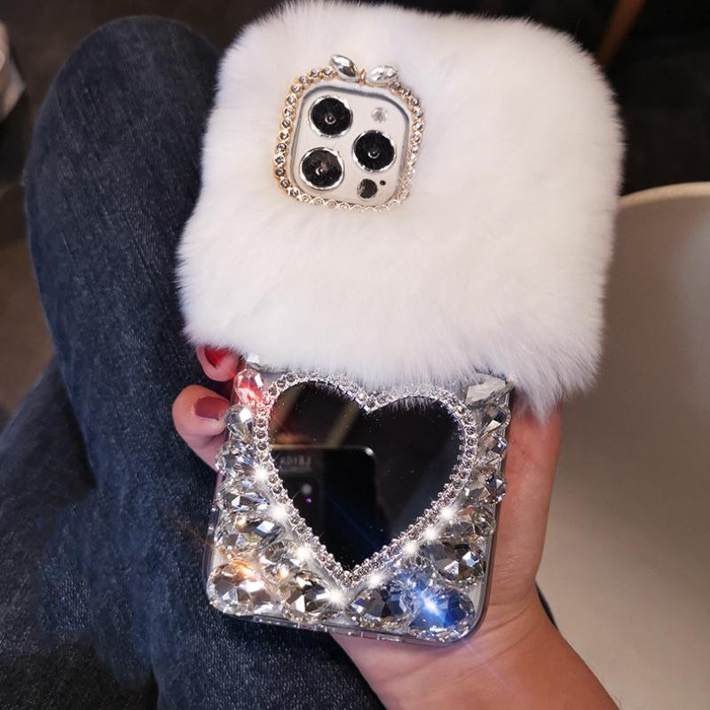 Чехол из пушистого меха кролика для Samsung S24 Ultra S23 Fe S22 Plus A15 A25 A35 A55 A14 A24 A34 A54 A13 A53, роскошный роскошный теплый пушистый плюшевый чехол со стразами
