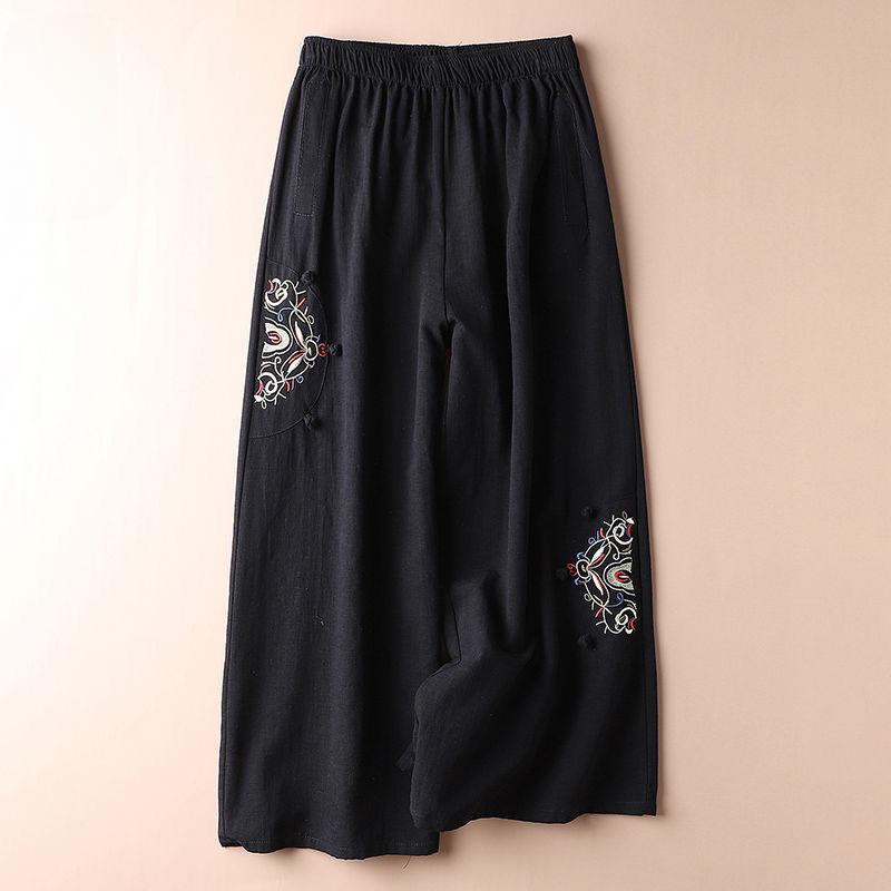 2025 Spring and Summer Cotton and Linen Retro Ethnic Style Embroidered Wide-leg Pants Versatile and Thin Nine-minute Pants