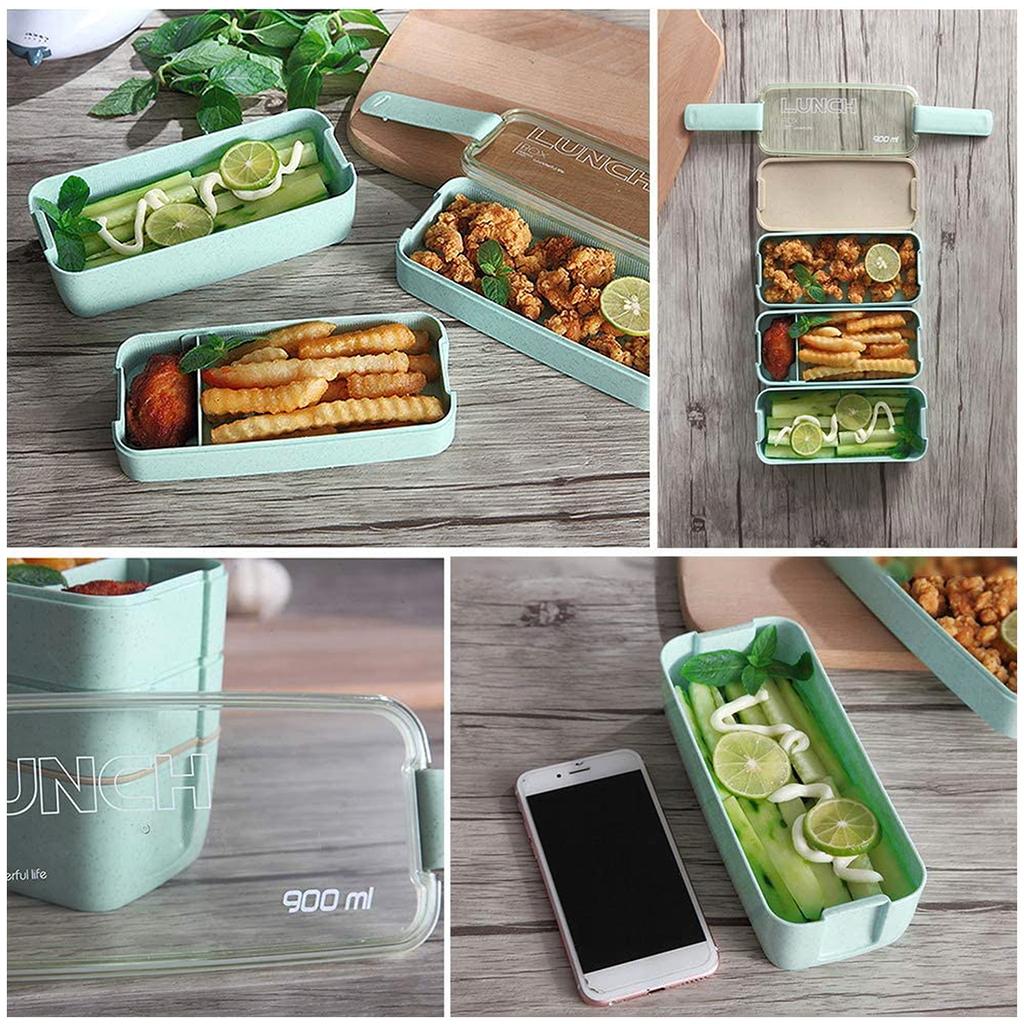900 ML Bento Box Portable 3 Layers Stackable Lunch Boxes Plastic Reusable Leak-proof Food Container for Adults Kids and Students