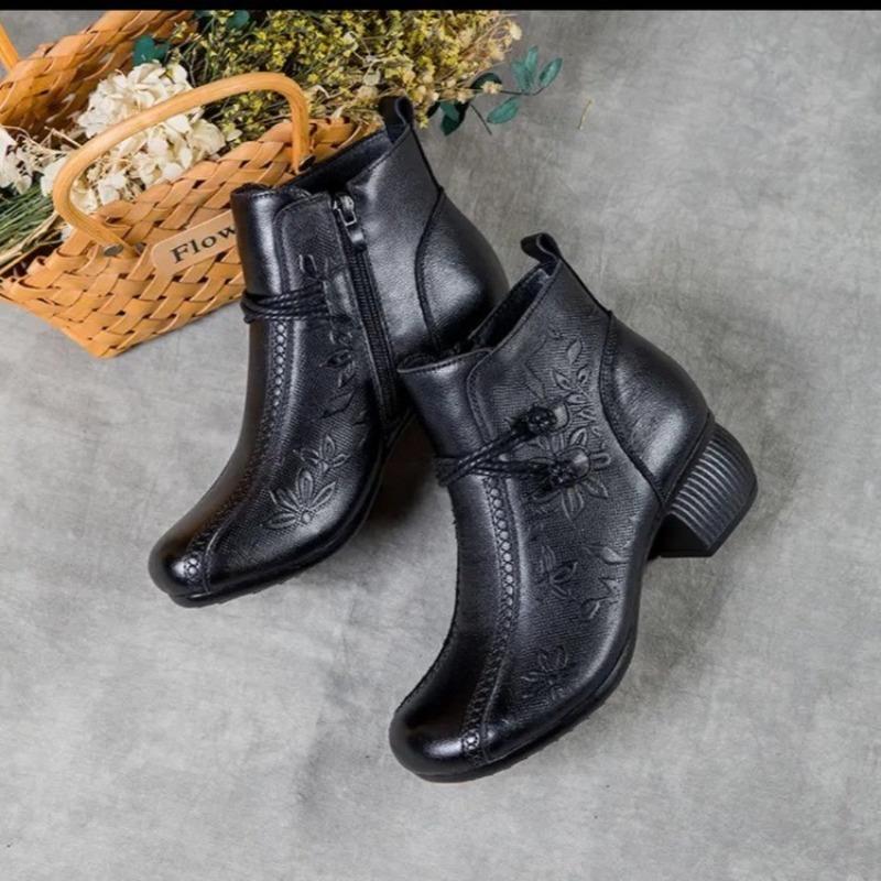 Хлопковая обувь осень и зима короткие ботинки ретро для мамы мягкая кожа удобные для среднего и пожилого возраста танцевальные туфли средний каблук бархатная кожа женские ботинки