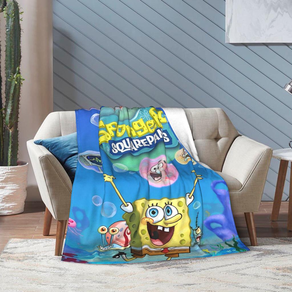 Cartoon SpongeBob SquarePants Movie Poster Blankets  Flannel Funny Breathable Throw Blankets for Home Restaurant Spring/Autumn