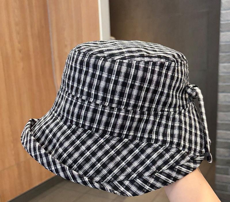 Women's Plaid Bowknot Sunshade Fisherman Hat Spring Summer Outdoor Versatile Foldable Bucket Hat for Sunshine Protection