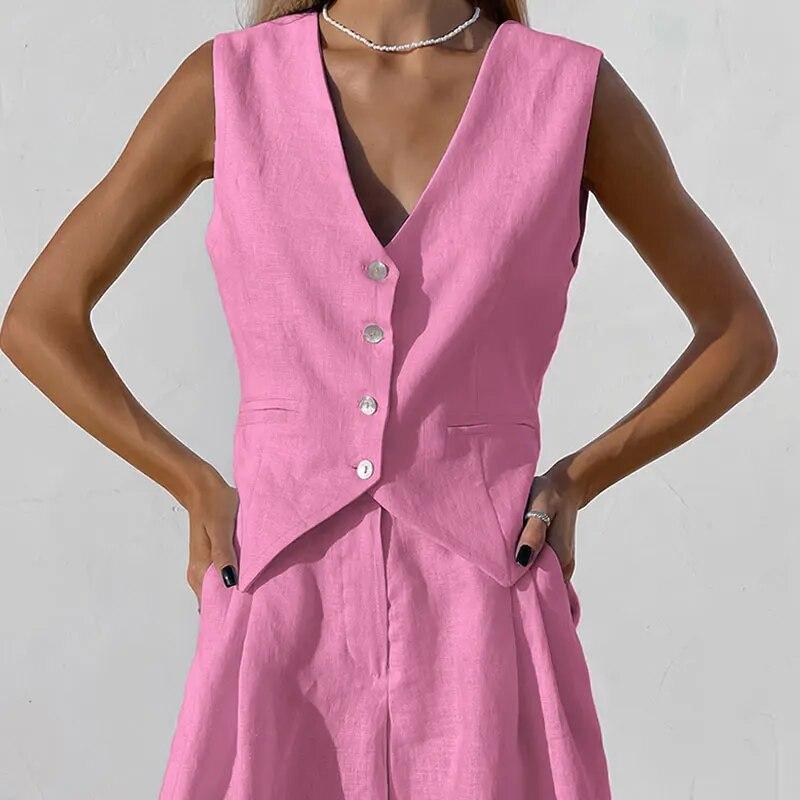 Women Cotton Line Waistcoat Shorts Sets Elegant Sleeveless Single Breasted Top Two Piece Set Womens 2023 Summer Lady Outsuit