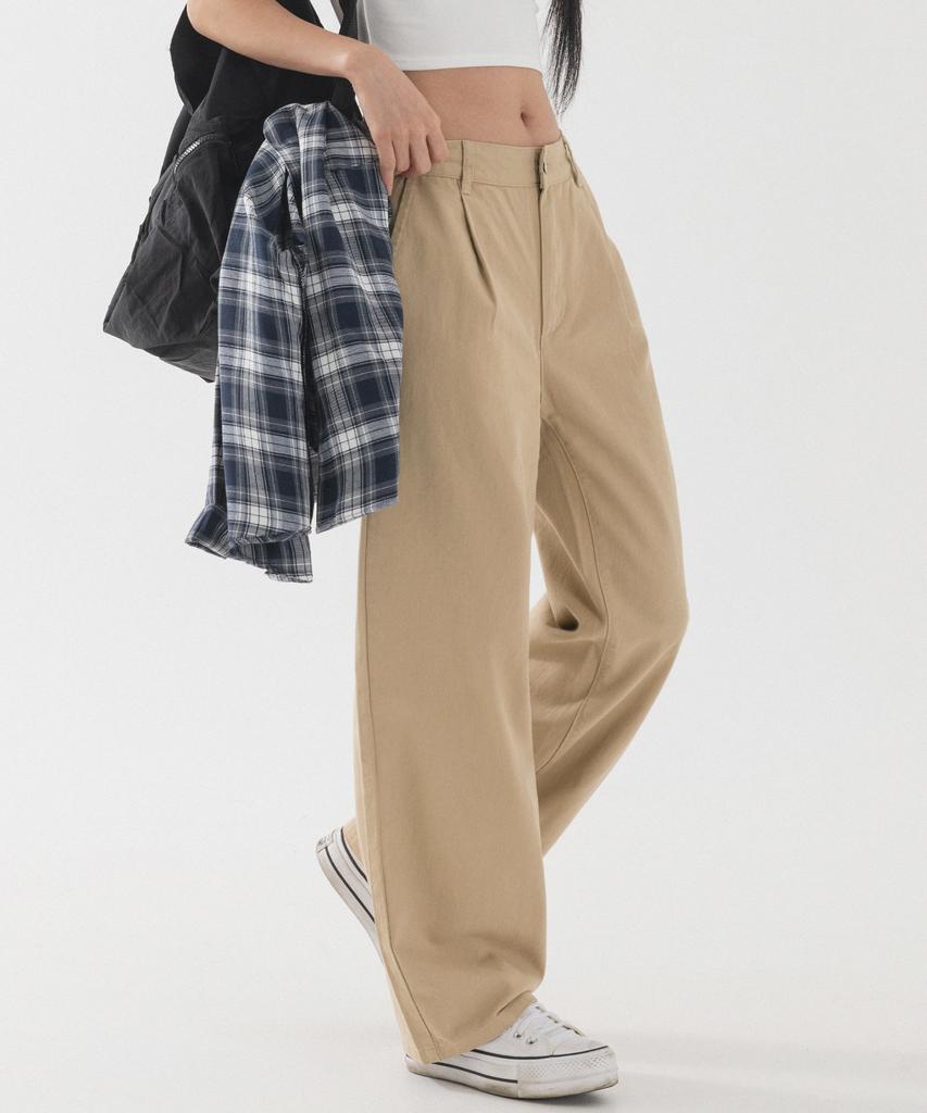 PIANER Semi-Wide Single-Pleat Cotton Pants (Beige)