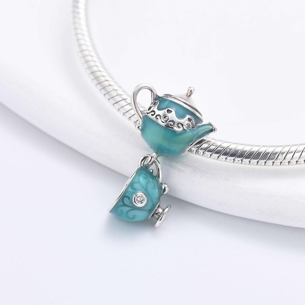 New 925 Silver Coffee Cup Cake Teapot Charm Bracelet DIY Ladies Jewelry with Chain Beaded Fit Pendant