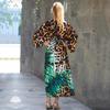 EDOLYNSA Зеленый купальник с леопардовым принтом, накидка в винтажную полоску с поясом, женское летнее длинное платье-кимоно, пляжное бикини, накидка Q1521