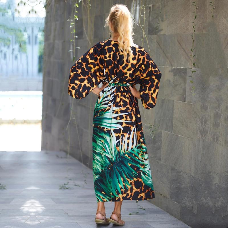 EDOLYNSA Зеленый купальник с леопардовым принтом, накидка в винтажную полоску с поясом, женское летнее длинное платье-кимоно, пляжное бикини, накидка Q1521