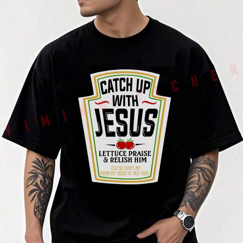 Men Moto Cotton T-Shirt Funny Christian with Catchy Catch Up with Jesus & Lettuce Praise Him Tshirt Adventure Casual O-Neck Tops