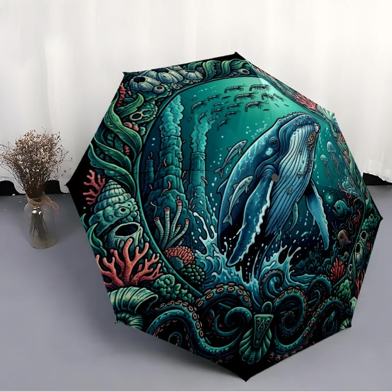 Whale Ocean Life pattern umbrella, portable and foldable design, 8 ribs, a casual accessory for Halloween, Christmas, and birthday gifts.