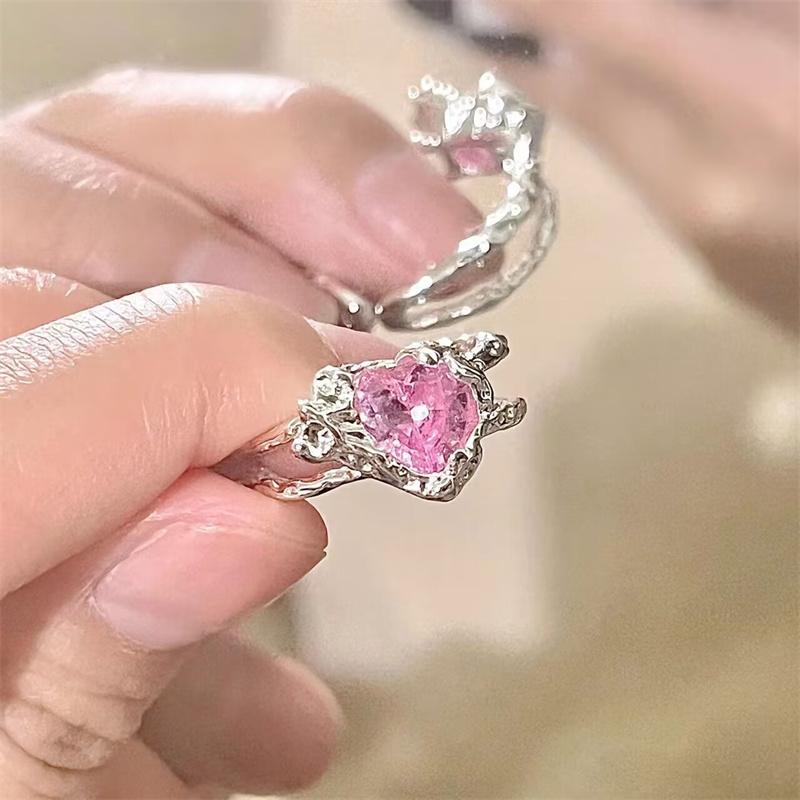 Trend Pink Love Heart Rings for Women Zircon Open Ring Irregular Rings Jewelry