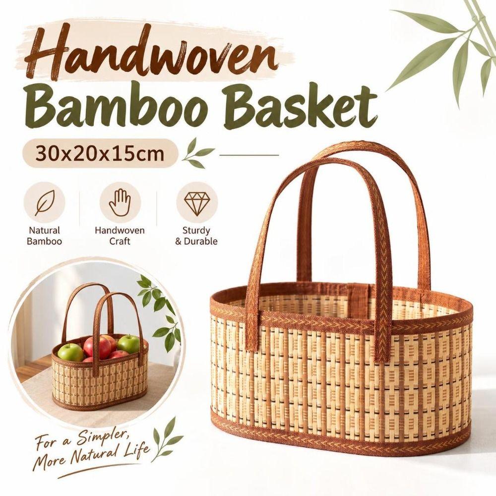 Handwoven Bamboo Basket Oval Shape Woven Storage Basket New Picnic Basket Market Shopping