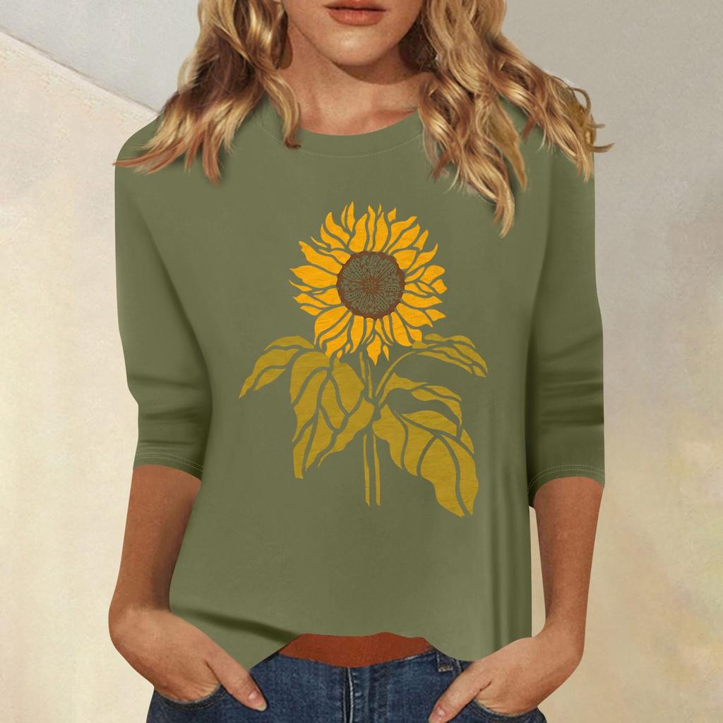 Women's Fashion Casual Printed Seven Sleeve Round Neck Top