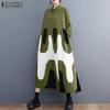 Women Casual Turn Down Collar Loose Long Sleeve Print Long Dress