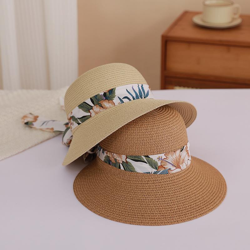Flower Ribbon Bowknot Straw Hat Elegant Solid Color Sun Hat Trendy French Style Foldable Travel Beach Hats for Women Daily Use Summer Outdoor