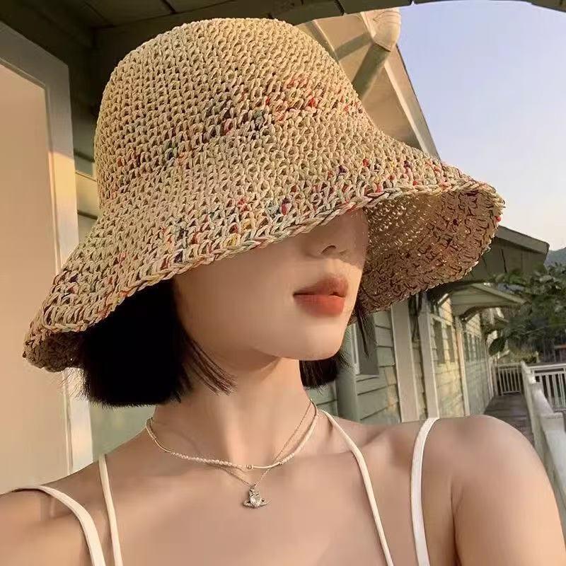 Women Summer Handwoven Rainbow Straw Hat Korean Fashion Wide Brim Breathable Cap for Beach Travel Sun Coverage