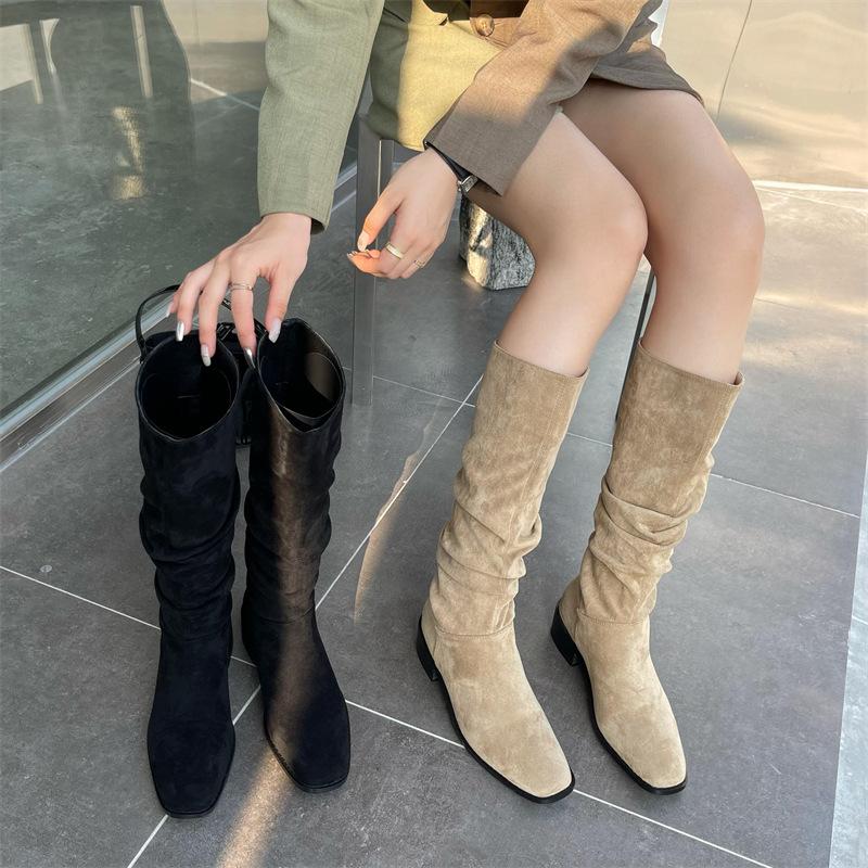 Женские сапоги до колена с круглым носком, черные, бежевые, зимние туфли-лодочки на плоской подошве, новинка 2024 года, ботильоны-рыцари
